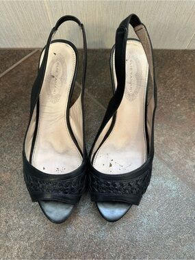 Elie Tahari Black Woven Peep-Toe Slingback Heels